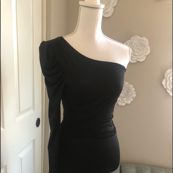 forever 21 black one shoulder dress Forever 21 Metallic One-Shoulder Mini Sweater Dress